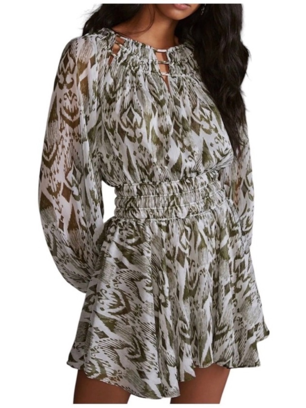 NWT MISA Los Angeles Mercy Ikat Long Sleeve Mini Dress Olive Women's size Small